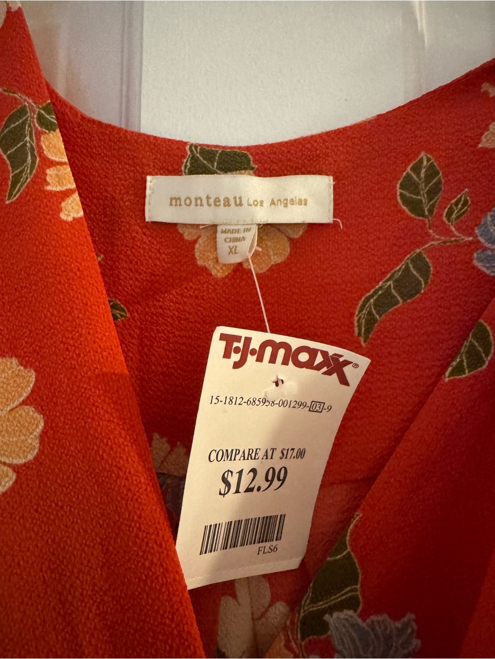 Monteau Red Floral Wrap Top with Ruffle Sleeves - Picture 2 of 2